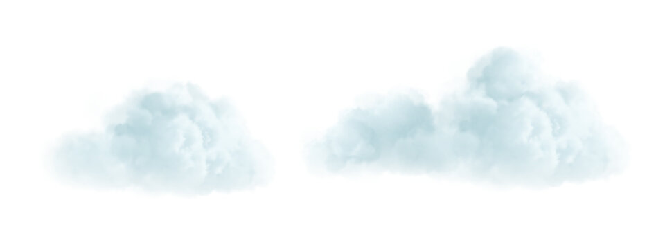 Realistic white cloud collection on transparent background. Fluffy sky elements for weather design. Soft, wispy atmosphere effects in vector format