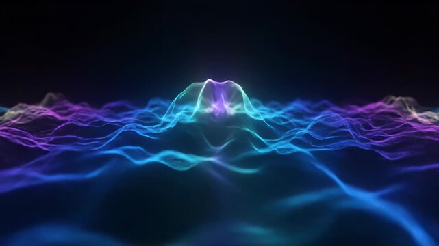 Abstract glowing waves undulate across a dark digital landscape.  This vibrant visual represents sound or data in motion.
