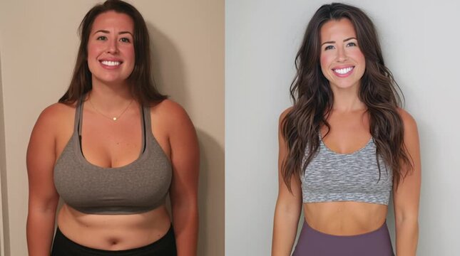 Weight Loss Journey: A before-and-after portrait of a woman's inspiring physical transformation, demonstrating her commitment to wellness and a healthier lifestyle.