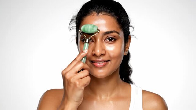A beautiful young woman uses a green jade roller on her face. She has glowing, healthy skin and smiles, conveying a sense of self-care. Perfect for beauty blogs or skincare advertisements.