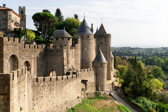 Aerial view of Carcassonne fortress and countryside