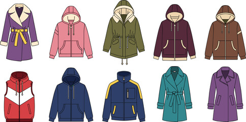 Technical fashion flat sketches collection of winter outerwear jackets hoodies parkas and trench coats for apparel design cad vector illustration © Shihab Creative