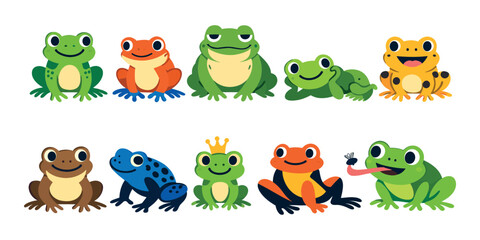 Obraz premium Cute frogs and toad set displaying different poses and colors, including a frog prince and one catching a fly