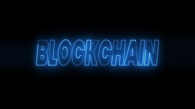Blockchain and database text animation in vibrant blue neon. 4k animated typography is perfect for cryptocurrency videos, and blockchain related content. Great for digital marketing.