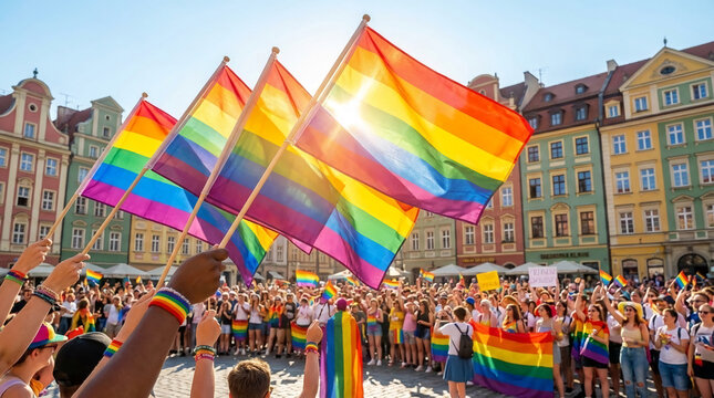 Crowd holding rainbow flag at outdoor event with colorful building, symbolizing pride, diversity, equality, and support for LGBTQ+ community in a city square