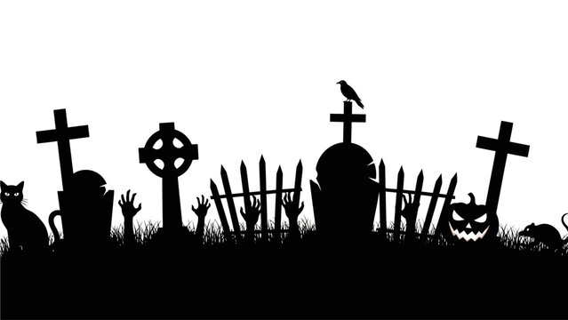 Haunted cemetery silhouette for Halloween featuring gravestones, zombie hands, a jack-o'-lantern, black cat, and raven, capturing a truly spooky night scene