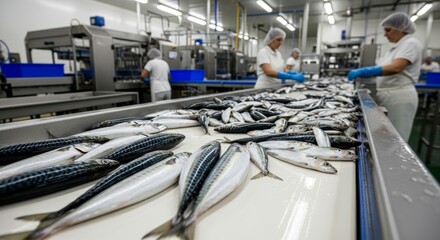 Close-up of raw fish on a white belt, highlighting quality control in the seafood industry.