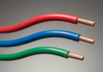 Fototapeta premium Red, blue, and green wires isolated on a grey background, representing phase, neutral, and ground connections.