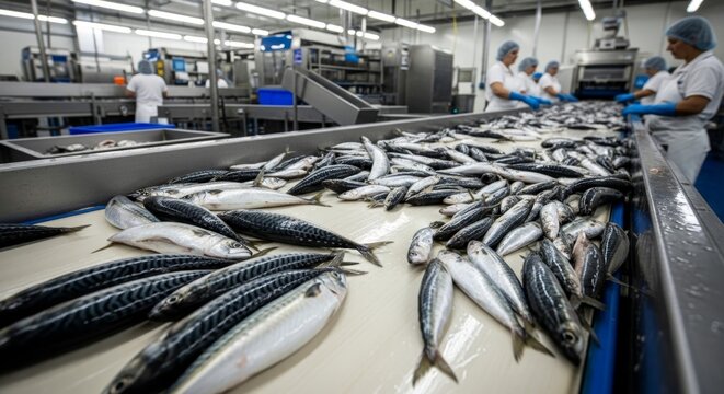 Fresh mackerel fish moving on a conveyor belt in a processing factory with workers in the background.