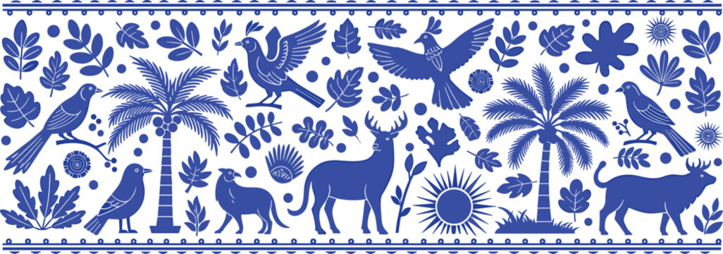 Vibrant blue and white wildlife pattern with tropical trees and animals