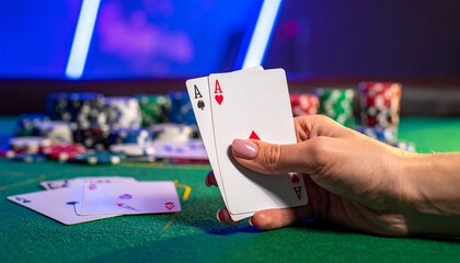 A hand holding two playing cards on a green table with poker chips and cards scattered around.