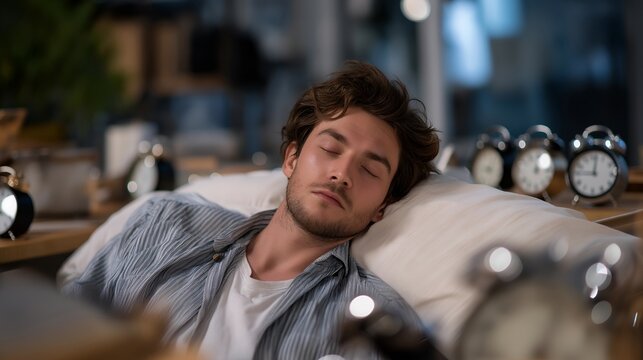 Man sleeping all day while alarm clocks surround him in a chaotic cluttered bedroom, perfect for sloth sin concept, laziness behavior, procrastination awareness, time wasting, modern psychology,