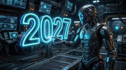 Robot pointing at multicolor 2027 neon digits in tech lab. New Year 2027 celebration concept.