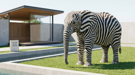 Fototapeta premium A zebra-striped elephant stands on green grass next to a pool and a modern house, representing a paradox or unusual juxtaposition, conceptual artwork