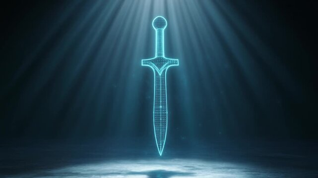Futuristic Digital Hologram Sword Materializing Under Cinematic Blue Light Beams