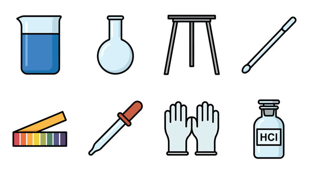 Chemistry Lab Equipment Icons Set: Beaker, Flask, Pipette, pH Strips, Gloves, Acid Bottle. Science Experiment Tools.
