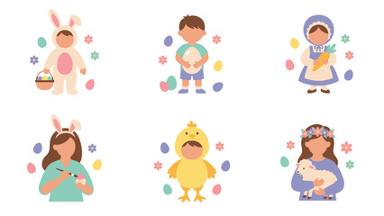 Fototapeta premium Adorable Easter Characters & Activities Vector Set: Bunny, Chick, Egg Painting, Lamb, Children. Spring Holiday Celebration.