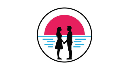Obraz premium Silhouette of romantic couple holding hands at sunset in minimalist circular logo for love or wedding branding