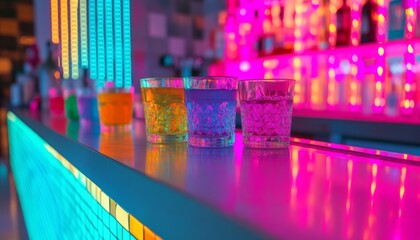 Vibrant cocktails in decorative glassware illuminated by colorful neon lights at a modern bar
