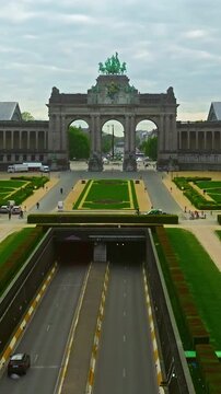 Aerial view of Cinquantenaire Arcade in Jubelpark, Brussels, Belgium. Symbolizing Belgian history and independence