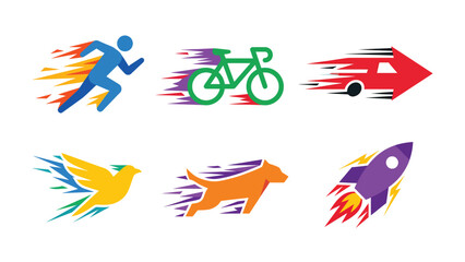 Fototapeta premium Dynamic Speed Icons Set: Running, Bicycle, Car, Bird, Dog, Rocket. Fast Movement, Delivery, and Express Service Vector Concepts