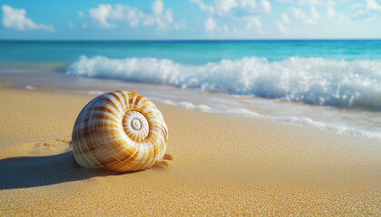 Large Turbo Sea Shell on Golden Sand by Ocean Shore, Bright Summer Beach Advertising Image with Soft Focus Background