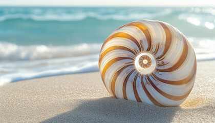 Large Nautilus Shell on Bright Sandy Beach Near Water, Elegant Tropical Seaside Advertising Photography