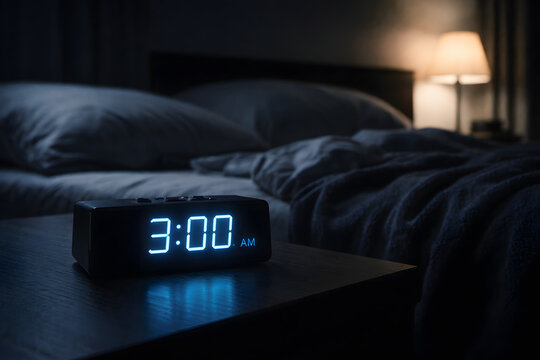 Alarm Clock Showing 3AM in Dark Bedroom Insomnia Concept