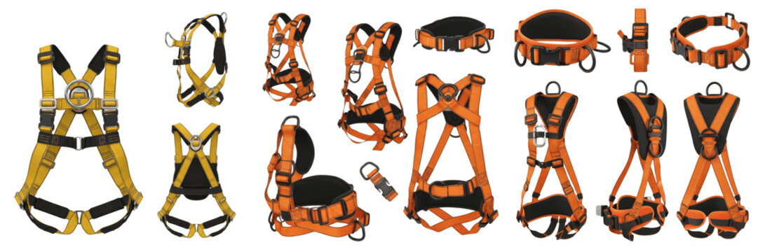 Set and collection of professional full-body safety harnesses and fall protection equipment in high-visibility orange and yellow isolated on white transparent PNG background