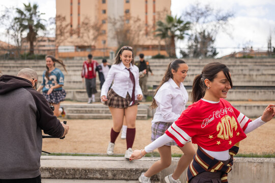 Behind the scenes filming students dancing in school stands