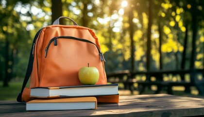 Bright orange backpack with books and a green apple resting on a wooden bench in a tranquil outdoor setting surrounded by trees