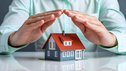 Hands shielding miniature house symbolizing protection and security in real estate