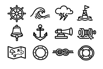 Nautical and maritime line icon set with anchor ship wheel wave storm buoy bell foghorn winch treasure map porthole rope knot and lifebuoy © PAPA STOCK