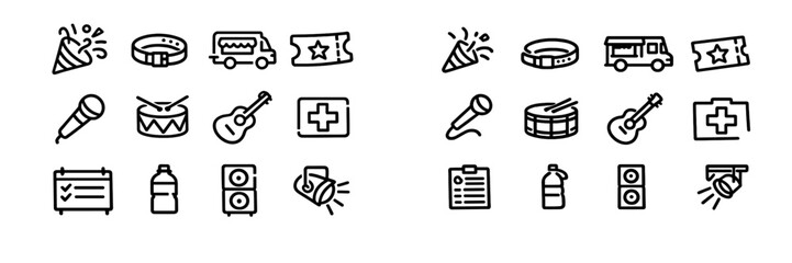 Music festival and concert event line icons set featuring microphone guitar drum ticket food truck and spotlight symbols