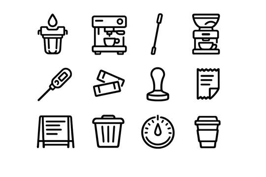 Set of coffee shop and barista equipment icons including espresso machine grinder tamper and disposable cup on white background