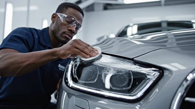 African american man cleaning a car headlight with a buffing pad, auto detailing and professional car care process.
