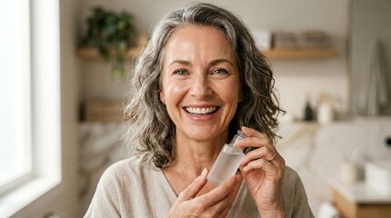 Smiling mature woman holding skincare serum
