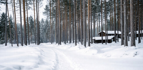 A winter landscape with a snow-covered path in a pine forest and a wooden house nestled among the tall trunks.  