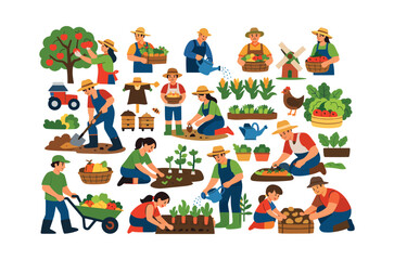 Naklejka premium Farmers or gardeners engaged in various agricultural activities like planting, watering, digging, harvesting, and beekeeping