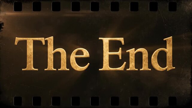 The end golden text moving and glowing on a distressed film strip, cinematic conclusion for movie production