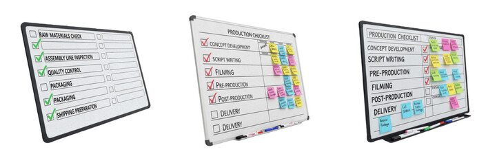 Set and collection of office whiteboards with project management checklists, colorful sticky notes, and production schedules, isolated on white transparent PNG background