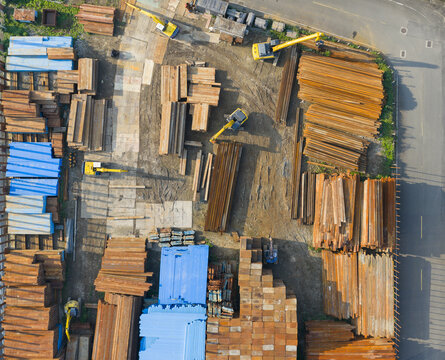Aerial View of Steel Beams and Construction Materials Storage Ya