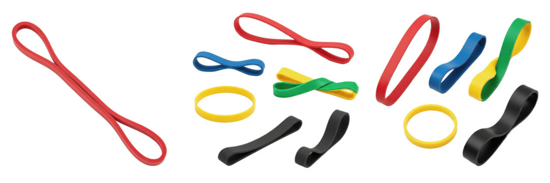 Set and collection of colorful elastic resistance bands and rubber exercise loops for fitness training and physical therapy, isolated on white transparent PNG background