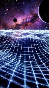 Retro-futuristic landscape with glowing gridlines and a vibrant nebula backdrop evokes a sense of cosmic exploration and digital wonder perfect for sci-fi design projects