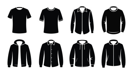 A clean and simple graphic design featuring a variety of black shirts and hoodies in a flat, minimalist style, perfect for use in fashion or apparel-related projects.