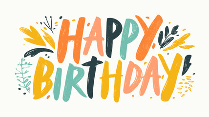 Naklejka premium Happy birthday lettering combining playful design elements and vibrant colors. Happy birthday greeting text design with colorful leaves