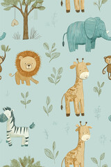 Fototapeta premium Safari animals pattern with giraffes, elephants, and lions on a light blue background. Cute cartoon jungle animals seamless pattern