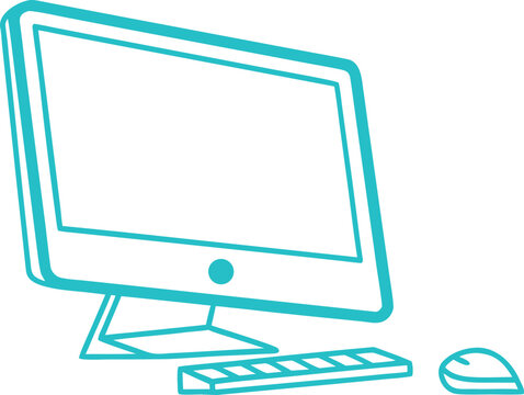 Cyan desktop computer monitor with keyboard and mouse