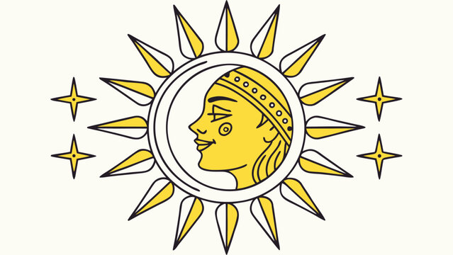 Bright yellow sun with woman's face and stars circular
