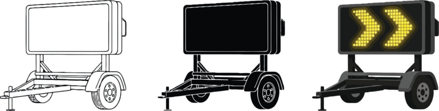 Portable variable message sign on a trailer featuring blank screen and glowing directional arrows a vector illustration for road safety and traffic management